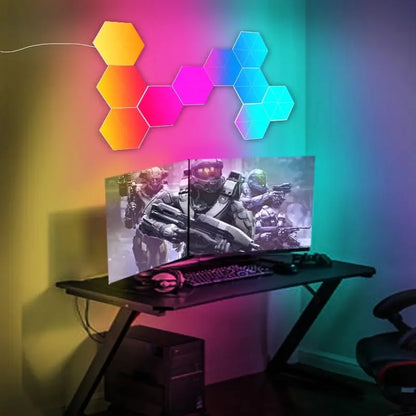 RGB hexagon LED wall light set by R.E.D. Shopping, modular gaming room decor with colorful illuminated geometric shapes.
