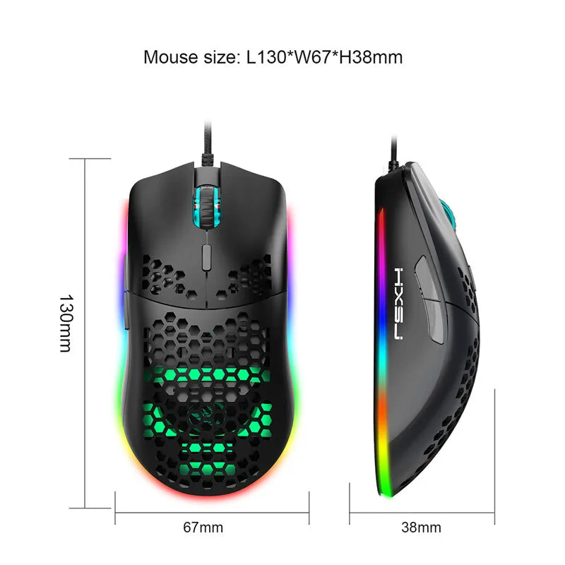Wireless gaming mouse with RGB lighting, honeycomb hollow design, 6400 DPI, suitable for computers and laptops, in black or white.