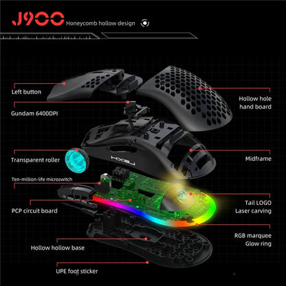 Lightweight R.E.D. Shopping gaming mouse with RGB lighting, 6400 DPI, honeycomb hollow design, wired USB for PC and laptop use