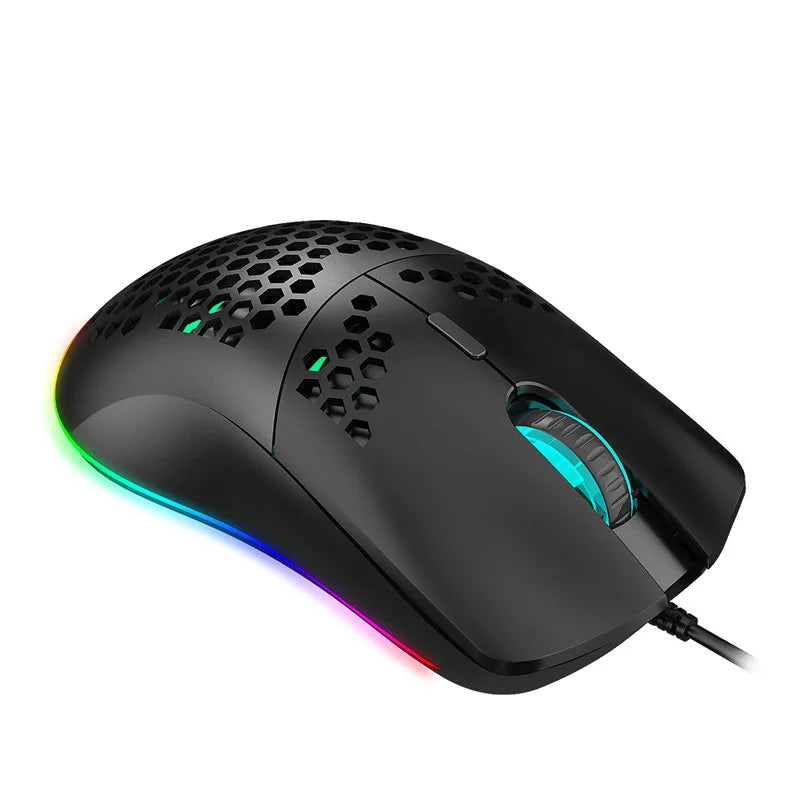 Lightweight R.E.D. Shopping gaming mouse with RGB lighting, honeycomb hollow design, 6400 DPI, wired USB connection, black or white.