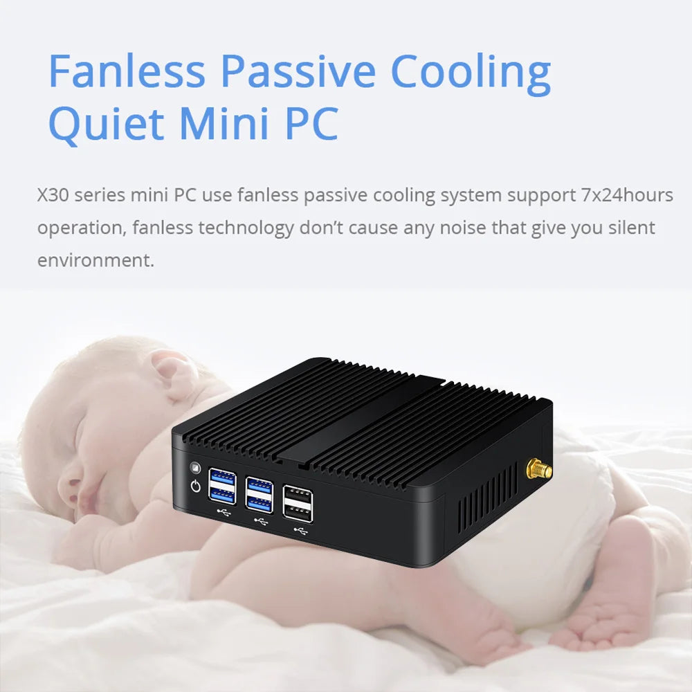 BEBEPC Fanless Mini PC – Intel i7/i5/i3, 8USB, HDMI+VGA, Win10/11 & Linux