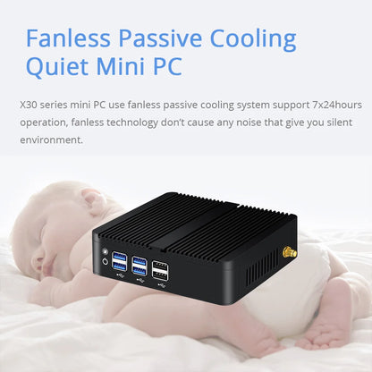BEBEPC Fanless Mini PC – Intel i7/i5/i3, 8USB, HDMI+VGA, Win10/11 & Linux