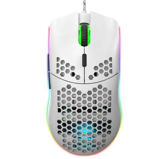 White and black high-end lightweight gaming mouse with RGB lighting, honeycomb design, 6400 DPI, wired USB, macro programming for PC.