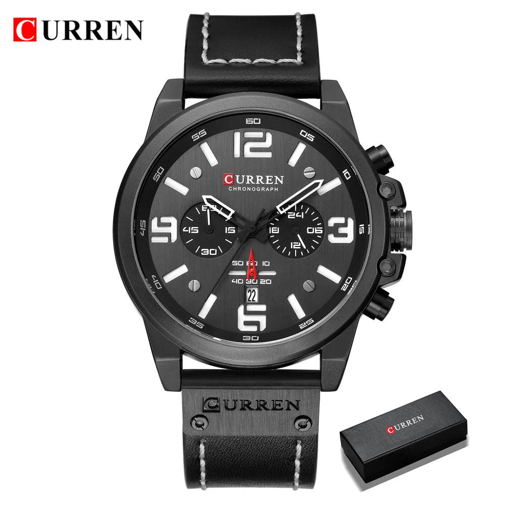 CURREN Men's Luxury Sport Chronograph Watch – Waterproof, Military, Genuine Leather, Quartz