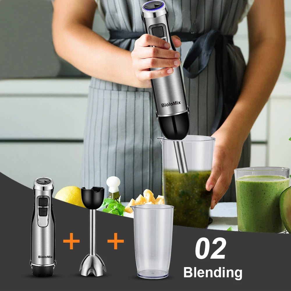 BioloMix 4-in-1 1200W Immersion Hand Blender | Chopper & Smoothie Cup | Stainless Steel Ice Blades | EU Plug