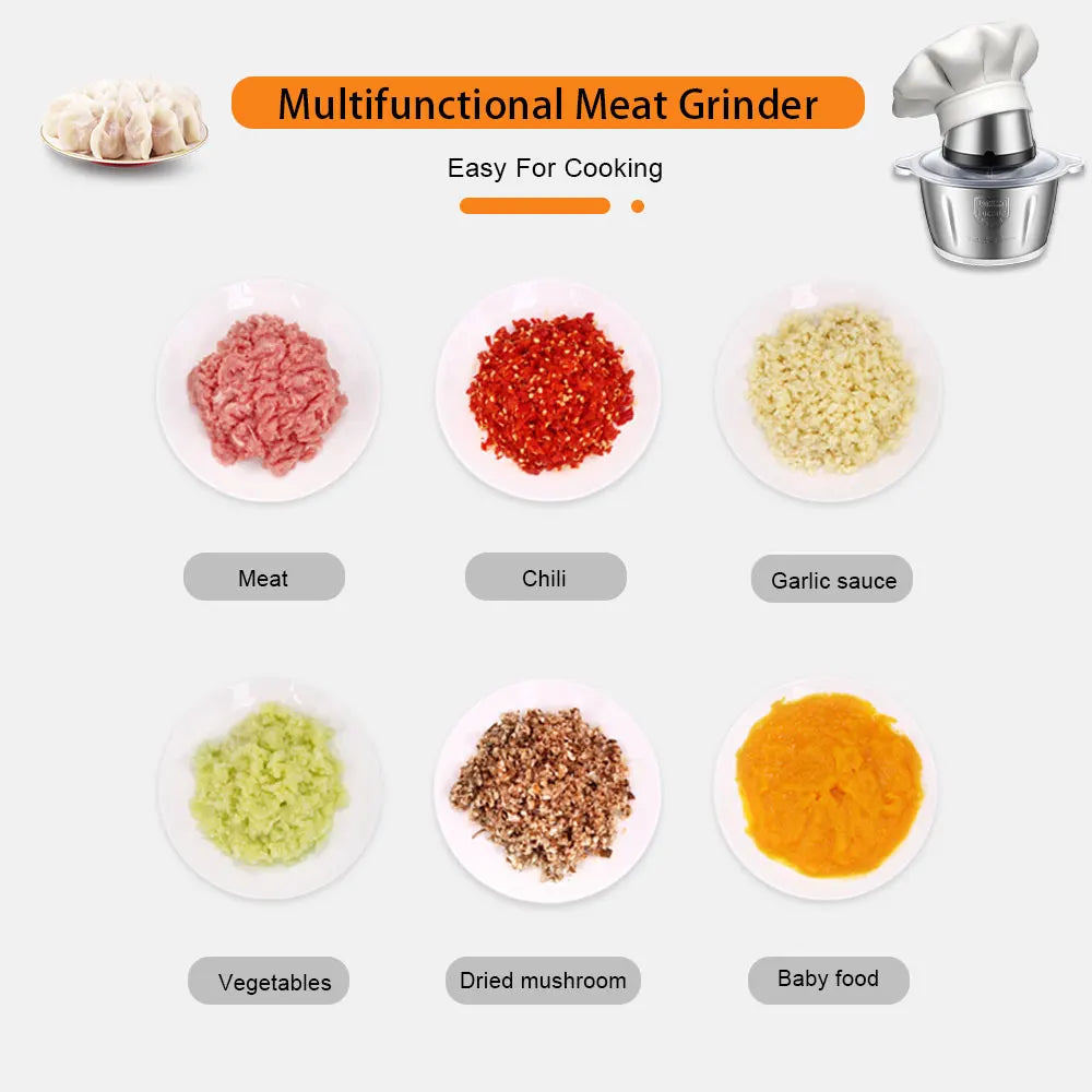 BioloMix 500W Electric Meat Grinder & Food Chopper – 2L Stainless Steel, 2 Speeds, Slicer | 110V / 220V