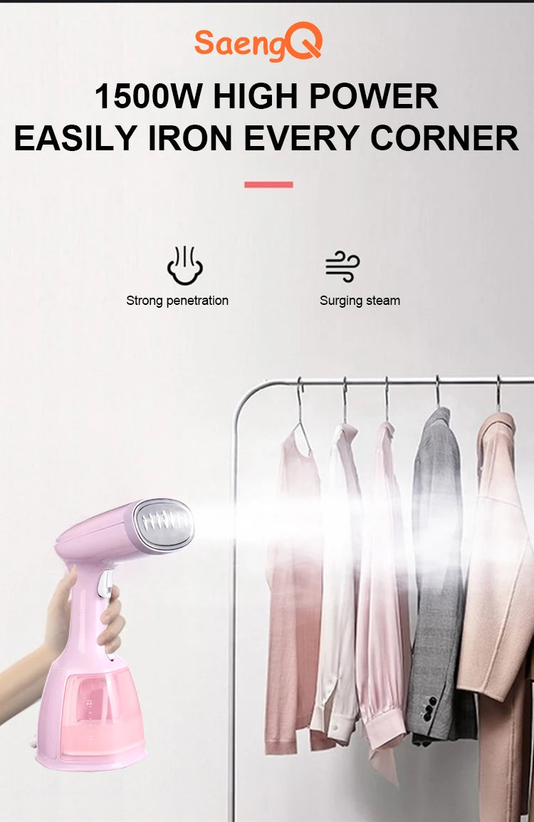 saengQ 1500W Handheld Garment Steamer | Portable Travel Steam Iron | 280ml | Fast Heat | EU Plug | Blue / Violet / Pink