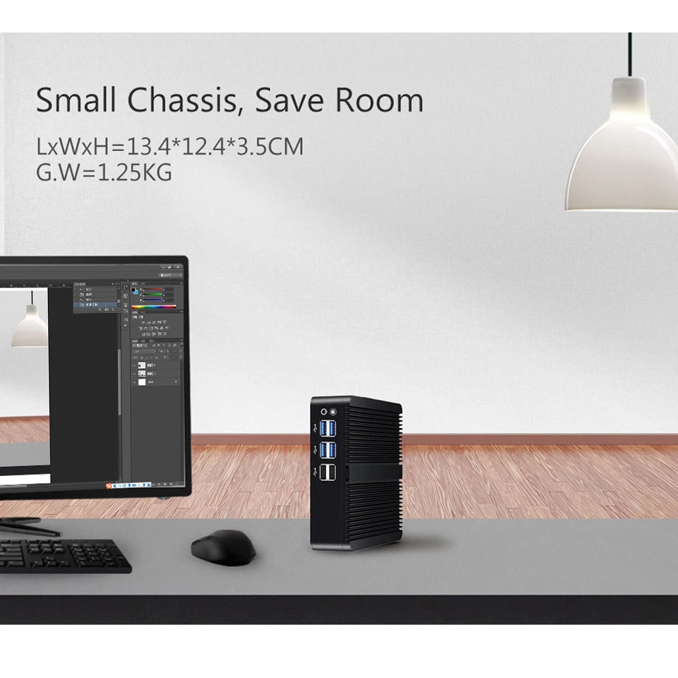 BEBEPC Fanless Mini PC – Intel i7/i5/i3, 8USB, HDMI+VGA, Win10/11 & Linux
