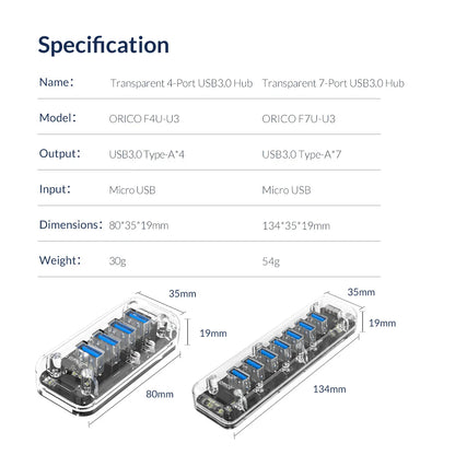 ORICO USB 3.0 Hub – 4 & 7 Port Splitter, Ultra-Slim, OTG, 5Gbps | MacBook & PC Compatible
