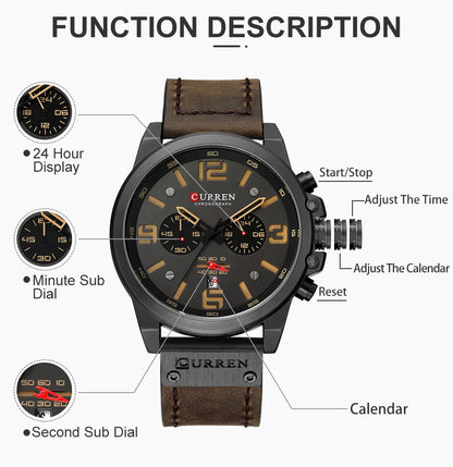 CURREN Men's Luxury Sport Chronograph Watch – Waterproof, Military, Genuine Leather, Quartz