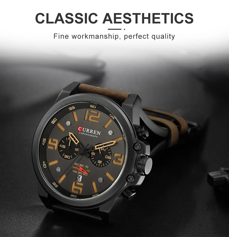 CURREN Men's Luxury Sport Chronograph Watch – Waterproof, Military, Genuine Leather, Quartz