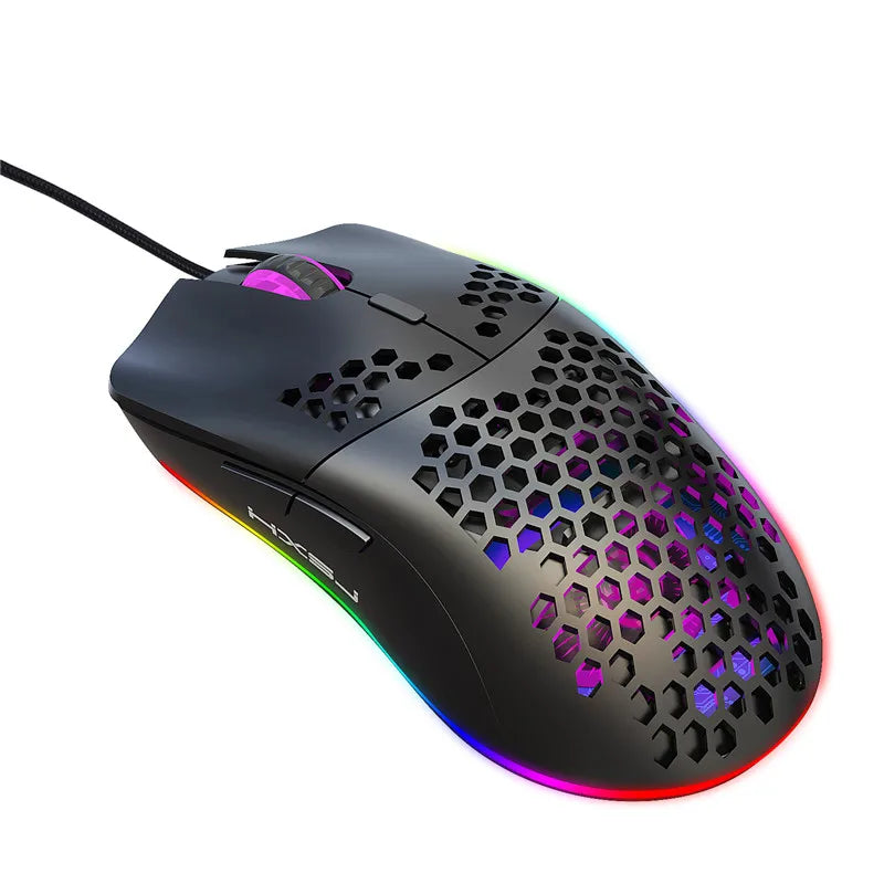 White and black lightweight R.E.D. Shopping gaming mouse with honeycomb design, RGB lighting, 6400 DPI, wired, with macro programming.