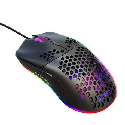 White and black lightweight R.E.D. Shopping gaming mouse with honeycomb design, RGB lighting, 6400 DPI, wired, with macro programming.