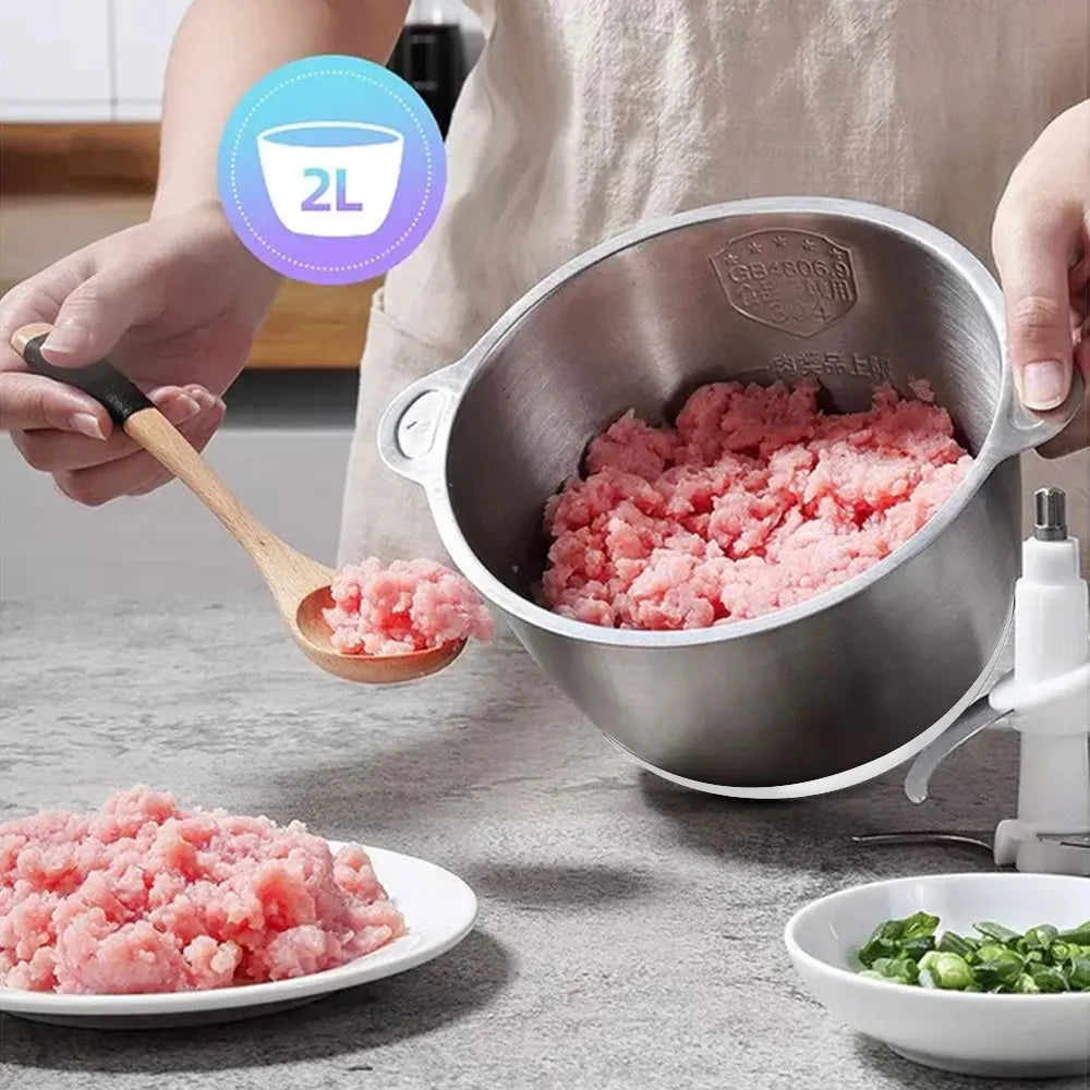 BioloMix 500W Electric Meat Grinder & Food Chopper – 2L Stainless Steel, 2 Speeds, Slicer | 110V / 220V