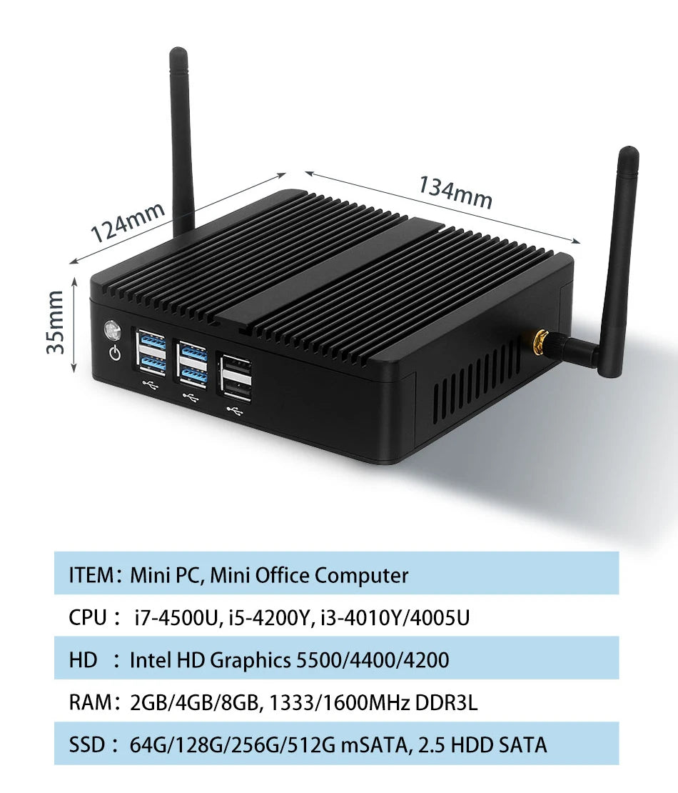 BEBEPC Fanless Mini PC – Intel i7/i5/i3, 8USB, HDMI+VGA, Win10/11 & Linux