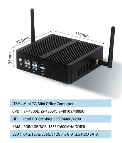 BEBEPC Fanless Mini PC – Intel i7/i5/i3, 8USB, HDMI+VGA, Win10/11 & Linux