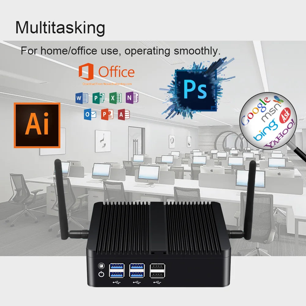 BEBEPC Fanless Mini PC – Intel i7/i5/i3, 8USB, HDMI+VGA, Win10/11 & Linux