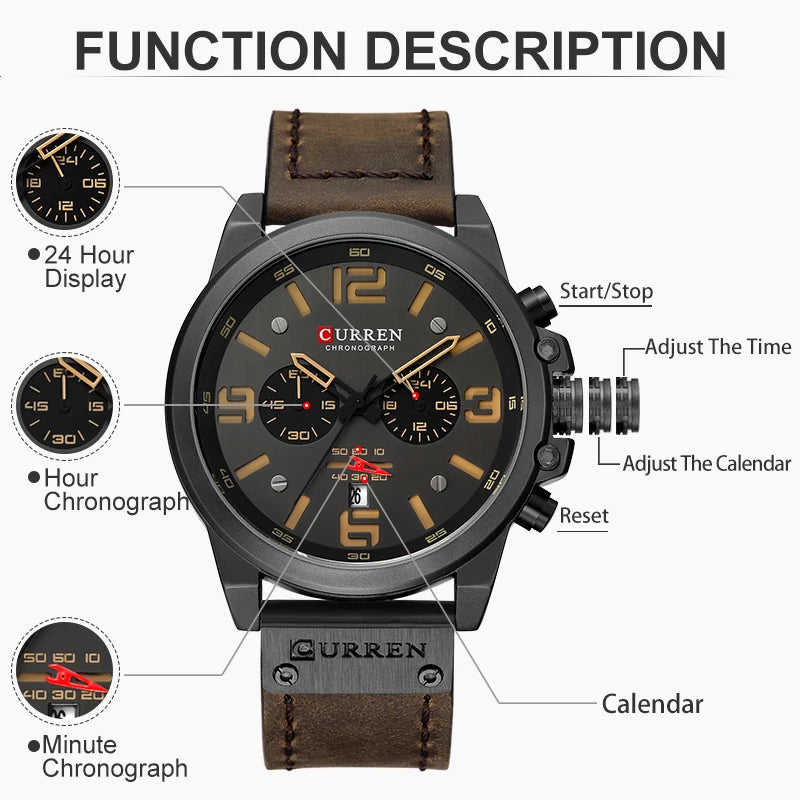 CURREN Men's Luxury Sport Chronograph Watch – Waterproof, Military, Genuine Leather, Quartz