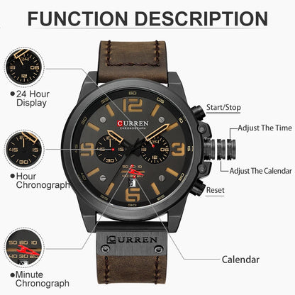 CURREN Men's Luxury Sport Chronograph Watch – Waterproof, Military, Genuine Leather, Quartz