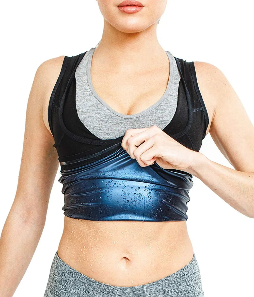 Neoprene sweat sauna vest by R.E.D. Shopping, waist trainer and slimming body shaper for men and women, shown on a model.
