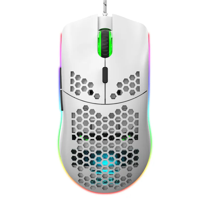 White and black lightweight gaming mouse by R.E.D. Shopping with RGB lighting, honeycomb hollow design, 6400 DPI, wired, macro programming