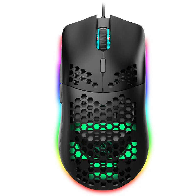 White and black lightweight R.E.D. Shopping gaming mouse with honeycomb design, RGB lighting, 6400 DPI, wired USB, and macro programming.