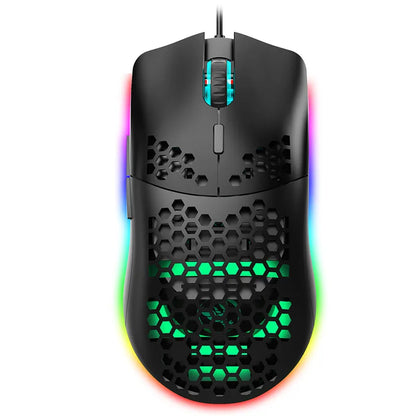 White and black lightweight R.E.D. Shopping gaming mouse with honeycomb design, RGB lighting, 6400 DPI, wired USB, and macro programming.