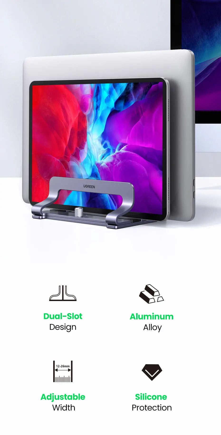 UGREEN Vertical Laptop Stand – Aluminum, Foldable, 1/2/3 Slots for MacBook Air, Pro & Tablets