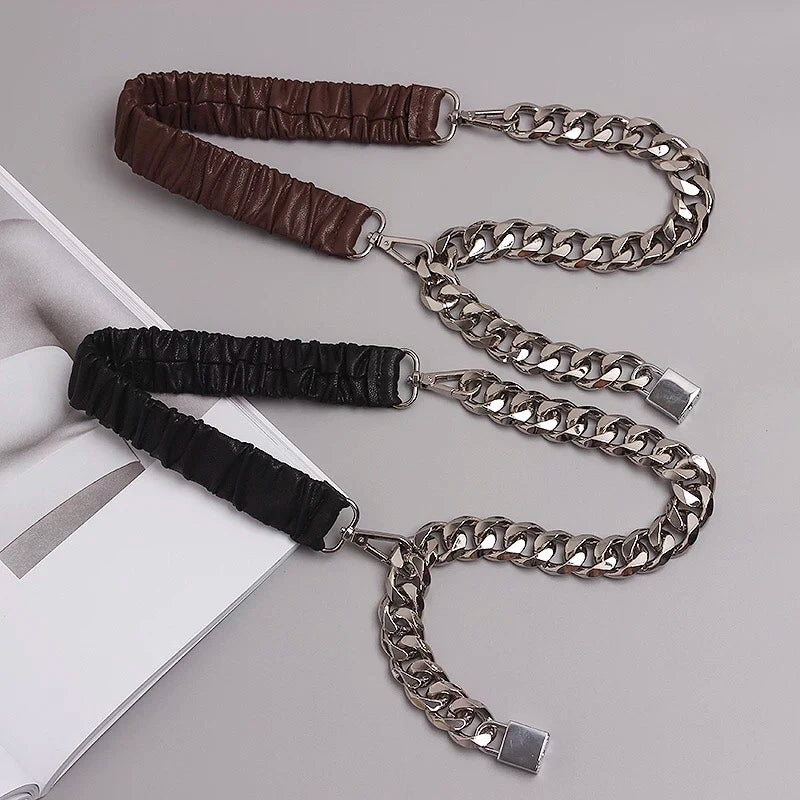 Women's elastic leather silver chain belt with stretch corset waistband, stylish accessory for fashion and waistline enhancement.