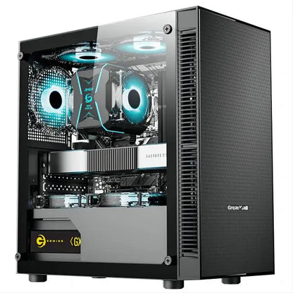Red Gaming PC with tempered glass case, Intel Core i7, 16GB RAM, 256GB SSD, suitable for ATX, ITX, and M-ATX setups.