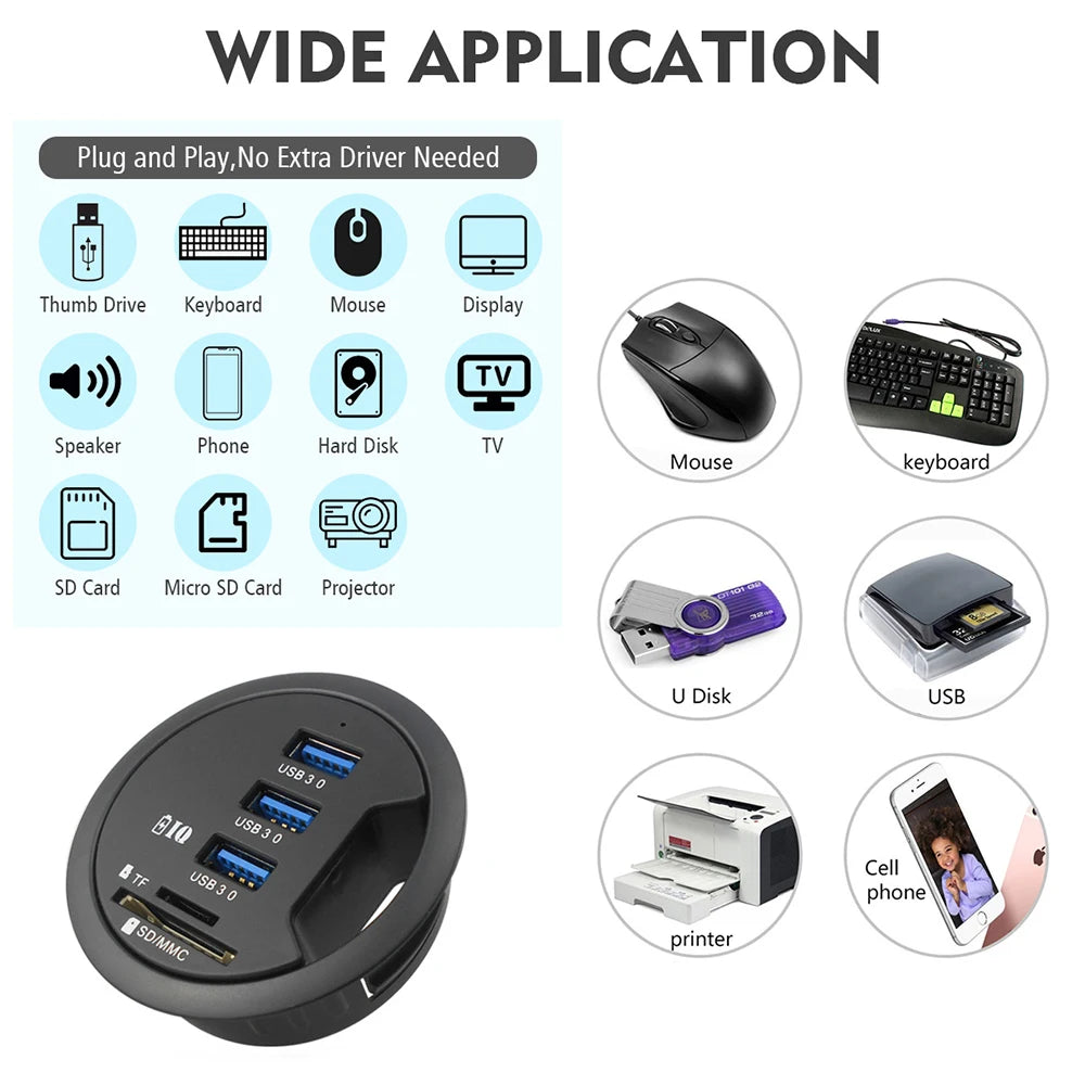 USB Desk Hub 5-in-1 – USB 3.0, Type-C, SD/TF Card Reader, 80cm Cable, Desktop Mount