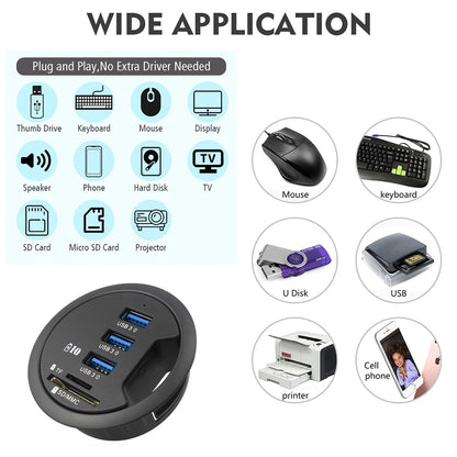USB Desk Hub 5-in-1 – USB 3.0, Type-C, SD/TF Card Reader, 80cm Cable, Desktop Mount