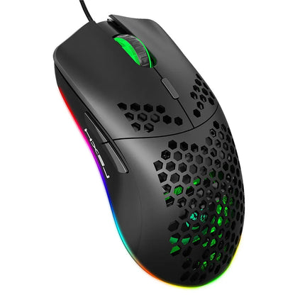 White and black lightweight USB gaming mouse with honeycomb design, RGB lighting, 6400 DPI, and macro programming for computers.