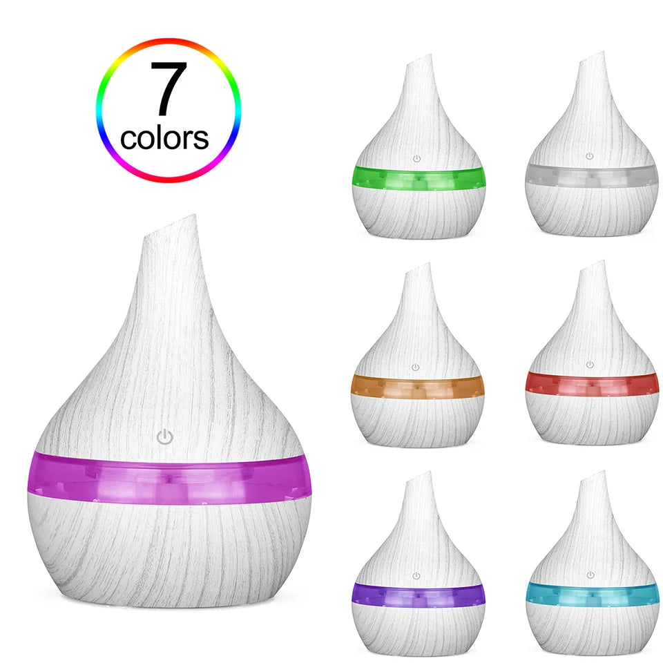 300ml Wood Grain Ultrasonic Humidifier & Aroma Diffuser – USB, 7-Color LED, Silent
