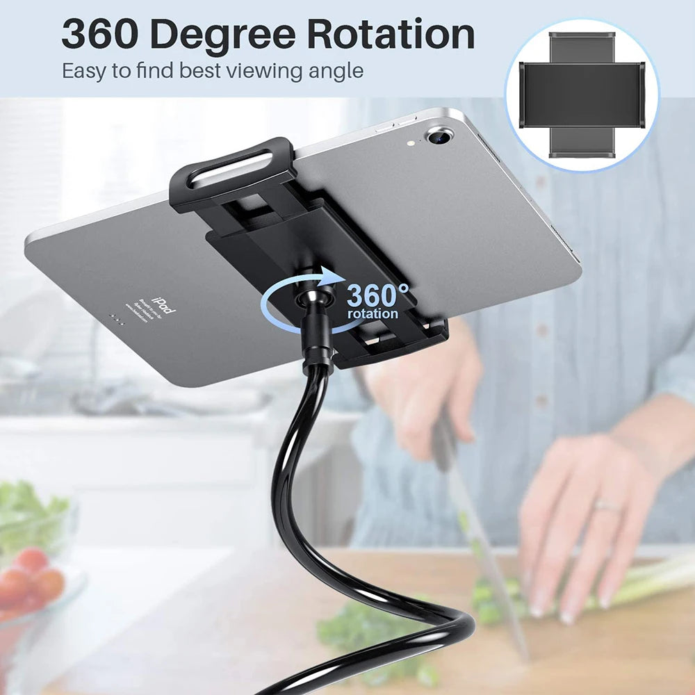 Flexible tablet arm stand holder for iPad, Xiaomi, Kindle, mounted on bed, wall, or tripod, with adjustable arm and secure clamp.