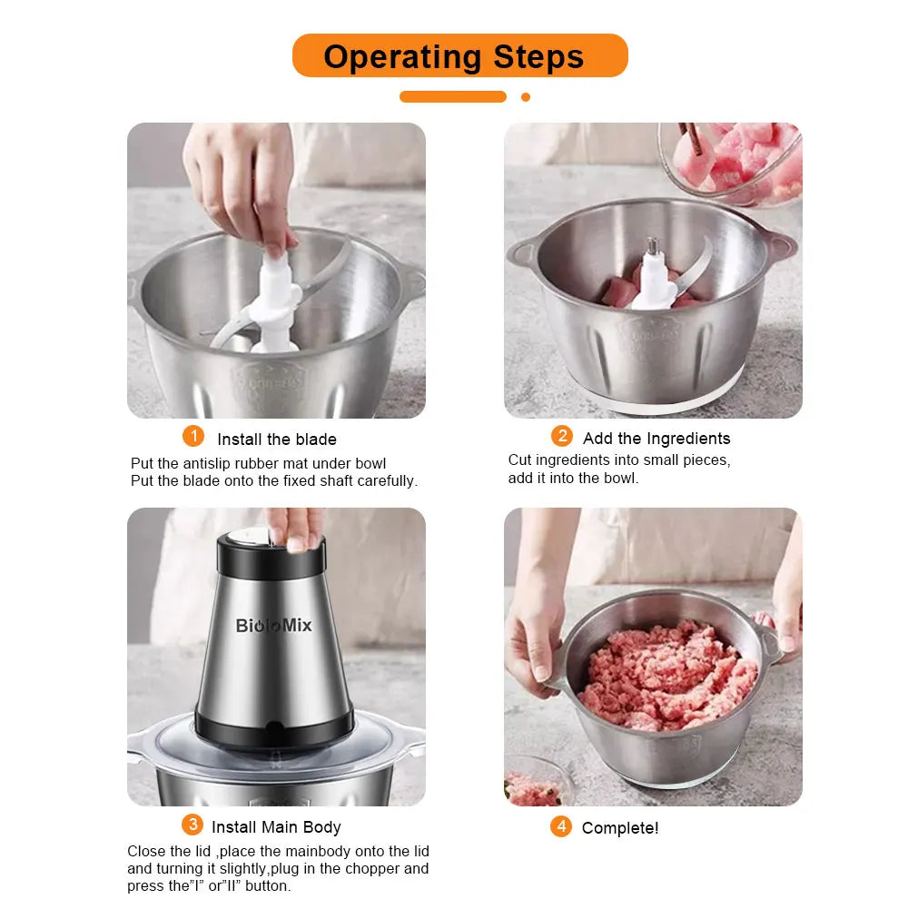 BioloMix 500W Electric Meat Grinder & Food Chopper – 2L Stainless Steel, 2 Speeds, Slicer | 110V / 220V