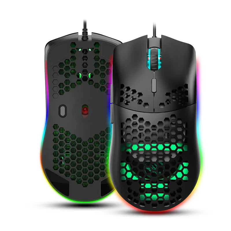 Wireless gaming mouse with RGB lighting, honeycomb design, 6400 DPI, black or white, programmable buttons for computer use