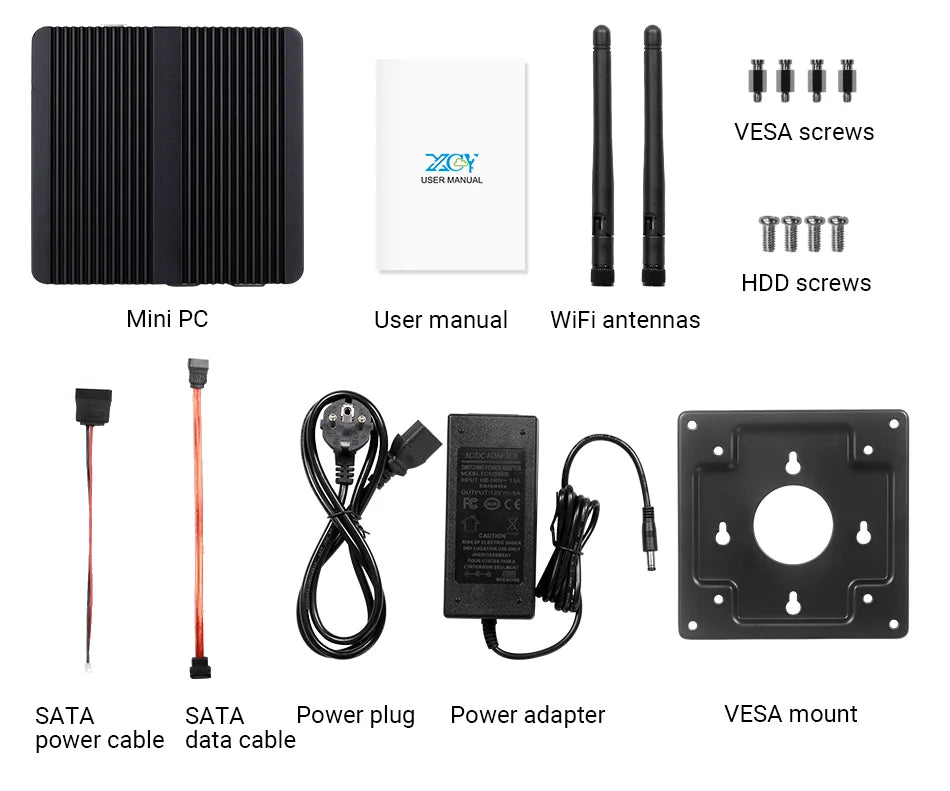 XCY Fanless Mini PC – Intel Celeron J1900, Quad-Core, Gigabit Ethernet, HDMI, VGA, WiFi, Windows/Linux