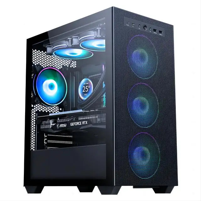 Aotesier Gaming PC desktop with Xeon E5-2680v3 or Core i9 processor, RTX 3050/3060 graphics, 16GB or 32GB RAM, black case.