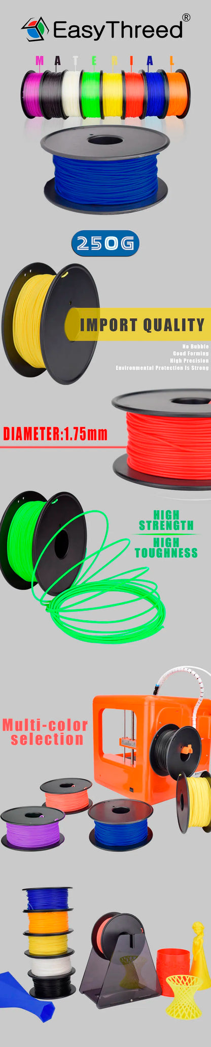 Easythreed PLA 3D Printing Filament 250g – 1.75mm, 80m, FDM Printer Material