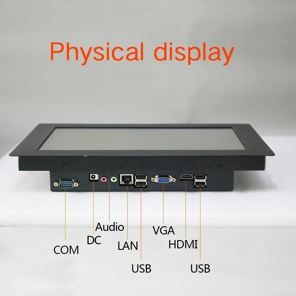 R.E.D. Shopping 10-15 inch industrial all-in-one panel PC with Intel Core i3, resistive touch screen, Windows 10 Pro interface.