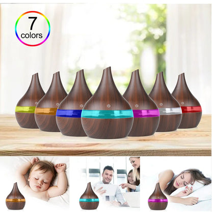 300ml Wood Grain Ultrasonic Humidifier & Aroma Diffuser – USB, 7-Color LED, Silent