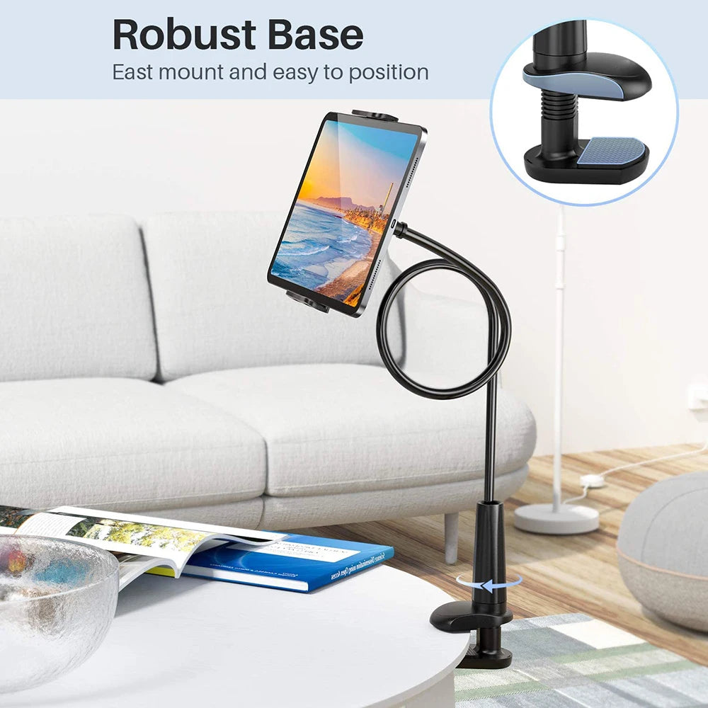 Flexible R.E.D. Shopping tablet arm stand holder mounted on bed, wall, or tripod for iPad, Xiaomi, and Kindle devices.