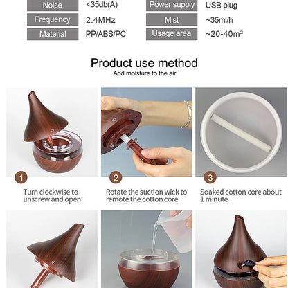 300ml Ultrasonic Humidifier & Aroma Diffuser | Essential Oil | Cool Mist | 7-Color LED | Wood Grain | Home & Office