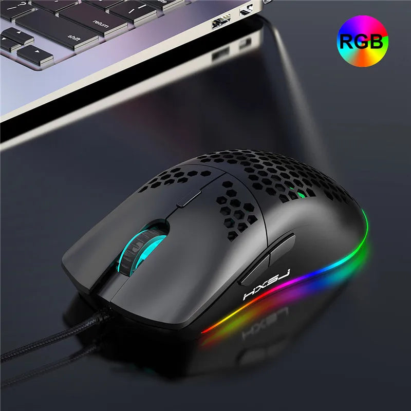 White or black lightweight R.E.D. Shopping gaming mouse with honeycomb design, RGB lighting, 6400 DPI, wired, with macro programming.