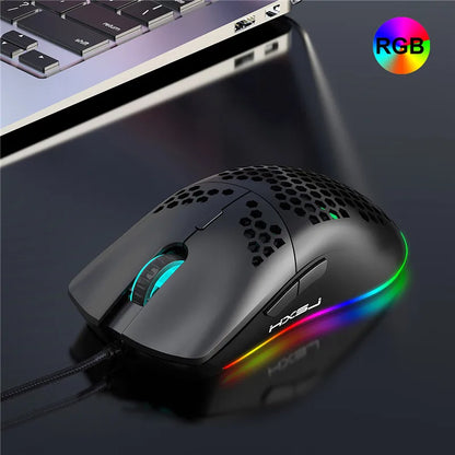 White or black lightweight R.E.D. Shopping gaming mouse with honeycomb design, RGB lighting, 6400 DPI, wired, with macro programming.