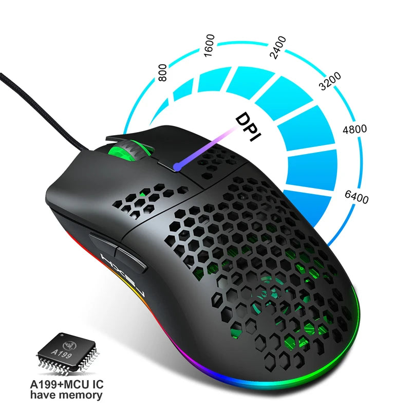 White and black lightweight R.E.D. Shopping gaming mouse with honeycomb design, RGB lighting, 6400 DPI, wired, with macro programming.