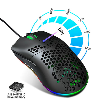 White and black lightweight R.E.D. Shopping gaming mouse with honeycomb design, RGB lighting, 6400 DPI, wired, with macro programming.