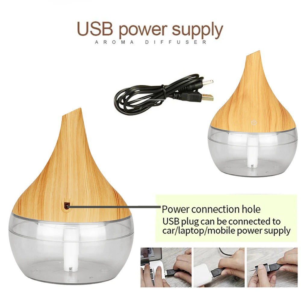 300ml Ultrasonic Humidifier & Aroma Diffuser | Essential Oil | Cool Mist | 7-Color LED | Wood Grain | Home & Office