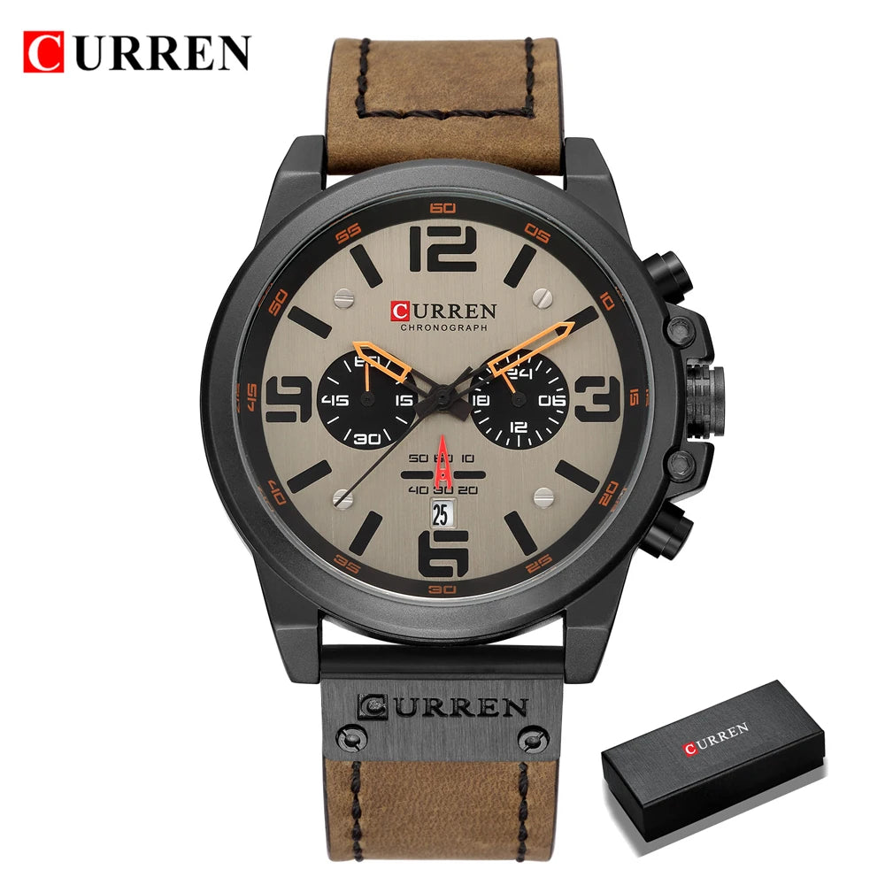 CURREN Men's Luxury Sport Chronograph Watch – Waterproof, Military, Genuine Leather, Quartz
